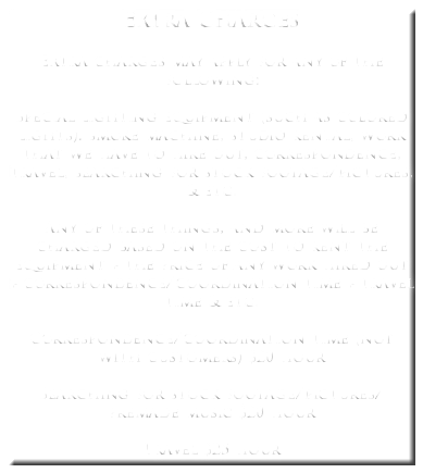 Extra Charges Extra charges may apply for any of the following: Special lighting equipment (such as colored lights). smoke machine, studio rental, work that we have to hire out, correspondence, travel, searching for stock footage/pictures, & etc. Any of these things, and more will be charged based on the cost to rent the equipment + the price of any work hired out + correspondence/coordination time + travel time & etc. Correspondence/coordination time (not with customers) $20 hour Searching for stock footage/pictures/premade music $20 hour Travel $25 hour
